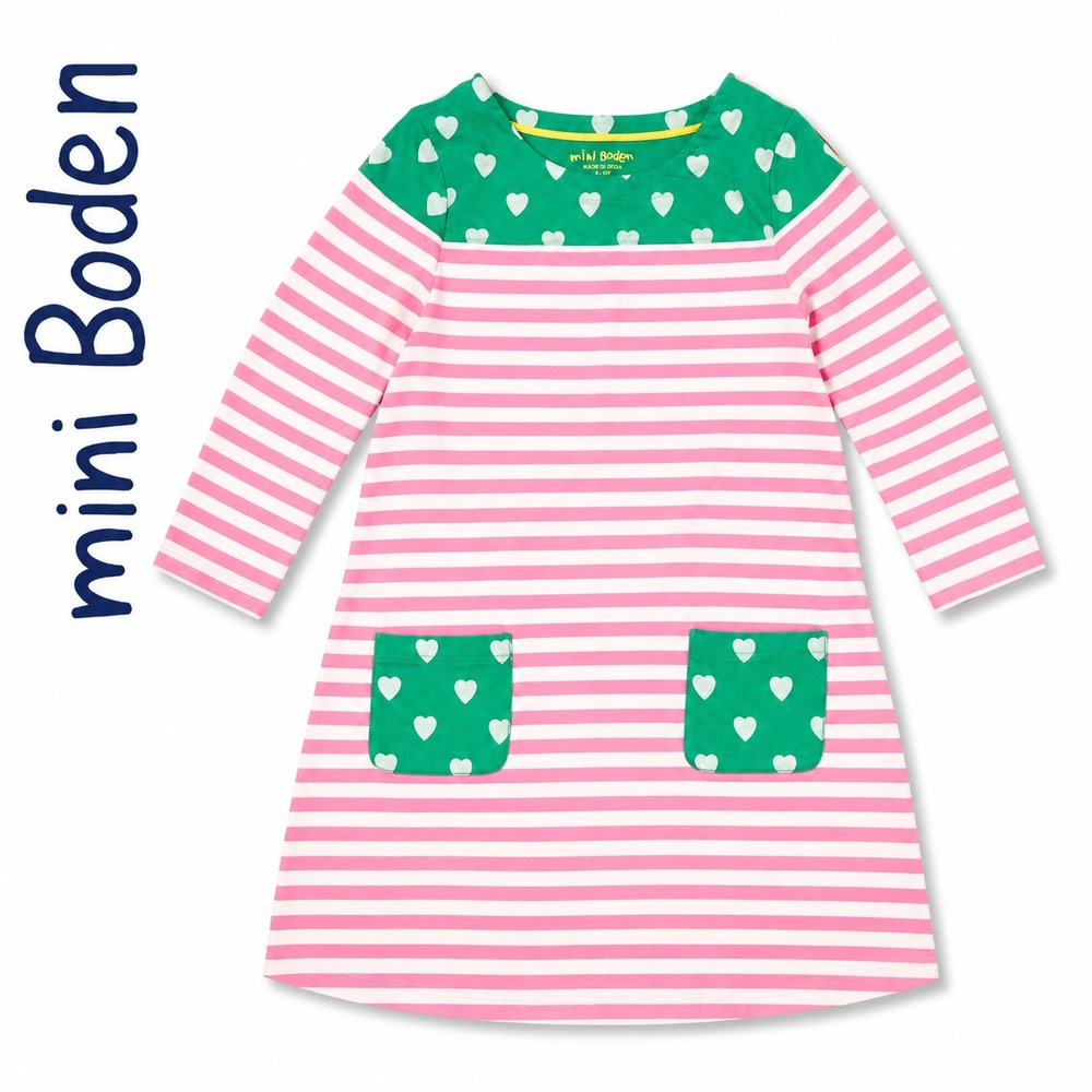 Mini Boden Dress Girls size 9-10Y Pink Stripe Green Heart Pocket Cotton School